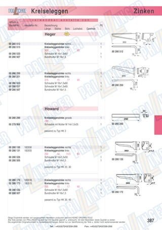 Kreiseleggen
Artikel- u.
Bestell-Nr.:

v e r w e n d b a r

Hersteller-Nr.:

Zinken

a n s t e l l e

v o n

Bezeichnung
Länge Stärke Bohr. Lochabst. Gewinde
Länge Stärke Bohr. Lochabst. Gewinde

PE

Heger
00 280 512
00 280 513

Kreiseleggenzinke rechts
Kreiseleggenzinke links
300
15
17
Schraube M 16x1,5x60
Bundmutter M 16x1,5

00 280 533
00 280 507

00 280 250
00 280 251

Kreiseleggenzinke rechts
Kreiseleggenzinke links
315
15
17
Schraube M 16x1,5x60
Schraube M 16x1,5x65
Bundmutter M 16x1,5

00 280 533
00 280 537
00 280 507

1
1
65
1
1

00 280 512

1
1
65
1
1
1

00 280 250

Howard
00 280 290

Kreiseleggenzinke gerade
290
Schraube mit Mutter M 14x1,5x35

00 270 966

1
1

00 280 290

passend zu Typ HK 3

00 280 130
00 280 131

182936
182935

00 280 526
00 280 505

Kreiseleggenzinke rechts
Kreiseleggenzinke links
262
12
14,5
Schraube M 14x1,5x50
Bundmutter M 14x1,5

1
1
60
1
1

00 280 130

passend zu Typ HK 20, 30

00 280 172
00 280 173
00 280 533
00 280 507

185516
185515

Kreiseleggenzinke rechts
Kreiseleggenzinke links
265
15
17
Schraube M 16x1,5x60
Bundmutter M 16x1,5

1
1
60
1
1

00 280 172

passend zu Typ HK 30, 40

Obige Ersatzteile werden von ausgesuchten Herstellern produziert und sind KEINE ORIGINALTEILE.
Alle Teile werden von PRILLINGER laufend auf ihre Qualität geprüft u. untersucht, mit dem Bestreben, beste Qualität zu bieten.
Die angeführten Originalnummern u. Systembezeichnungen dienen nur zur Identifizierung der Teile u. dürfen nicht weiterverwendet werden.
Tel.: +43(0)7242/230-200

Fax: +43(0)7242/230-250

387

 