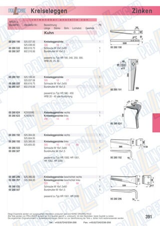 Kreiseleggen
Artikel- u.
Bestell-Nr.:

v e r w e n d b a r

Hersteller-Nr.:

Zinken

a n s t e l l e

Bezeichnung
Länge Stärke

v o n

PE
Bohr.

Lochabst.

Gewinde

Kuhn
00 280 190
00 280 532
00 280 507

525.037.00
525.038.00
800.616.75
802.016.06

Kreiseleggenzinke
320
18
17
Schraube M 16x1,5x55
Bundmutter M 16x1,5

1
1
1

00 280 190

passend zu Typ HR 180, 240, 250, 300,
HRB 20, 25, 30

00 280 191
00 280 532
00 280 507

525.106.00
525.037.08
800.616.75
802.016.06

Kreiseleggenzinke
395
18
17
Schraube M 16x1,5x55
Bundmutter M 16x1,5

1
1
1
00 280 191

passend zu Typ HR 180 - 450
HRB 20 - 40 alte Ausführung

00 280 624
00 280 623

K2500080
K2500070

Kreiseleggenzinke rechts
Kreiseleggenzinke links
290
14
20

1
1
00 280 624

00 280 192
00 280 193

525.394.00
525.604.00
525.395.00
525.605.00

00 280 533
00 280 507

Kreiseleggenzinke rechts
Kreiseleggenzinke links
305
16
17,5
Schraube M 16x1,5x60
Bundmutter M 16x1,5

1
1
68
1
1
00 280 192

passend zu Typ HR 1000, HR 1001,
HR 1002, HR 3000

00 280 296
00 280 297
00 280 533
00 280 507

525.395.00
525.394.00

Kreiseleggenzinke beschichtet rechts
Kreiseleggenzinke beschichtet links
320
16
17
68
Schraube M 16x1,5x60
Bundmutter M 16x1,5

1
1
1
1

passend zu Typ HR 1001, HR 3000
00 280 296

Obige Ersatzteile werden von ausgesuchten Herstellern produziert und sind KEINE ORIGINALTEILE.
Alle Teile werden von PRILLINGER laufend auf ihre Qualität geprüft u. untersucht, mit dem Bestreben, beste Qualität zu bieten.
Die angeführten Originalnummern u. Systembezeichnungen dienen nur zur Identifizierung der Teile u. dürfen nicht weiterverwendet werden.
Tel.: +43(0)7242/230-200

Fax: +43(0)7242/230-250

391

 