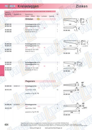 Kreiseleggen
Artikel- u.
Bestell-Nr.:

v e r w e n d b a r

Hersteller-Nr.:

Zinken

a n s t e l l e

Bezeichnung
Länge Stärke

v o n

PE
Bohr.

Lochabst.

Gewinde

Ortolan
00 280 382
00 280 383

Kreiseleggenzinke rechts
Kreiseleggenzinke links
260
8
14
Schraube M 14x1,5x50
Bundmutter M14x1,5

00 280 526
00 280 505

00 280 226
00 280 227

Kreiseleggenzinke rechts
Kreiseleggenzinke links
285
12
17,5
Schraube M 16x1,5x55
Mutter M 16x1,5

00 280 532
00 280 506

1
1
50
1
1

00 280 382

1
1
50
1
1
00 280 226

00 280 260
00 280 261

Kreiseleggenzinke rechts
Kreiseleggenzinke links
300
12
17
Schraube M 16x1,5x60
Bundmutter M 16x1,5

00 280 533
00 280 507

1
1
60
1
1

00 280 260

Pegoraro
00 280 242

003981-01

00 913 370

Kreiseleggenzinke
300
Spannhülse 12x60

1
12
10

passend zu Typ RC, RB

00 280 240
00 913 370

001430-01

Kreiseleggenzinke
318
12,3
Spannhülse 12x60

00 280 242

1
10

passend zu Typ RT, RD
00 280 240

404

Obige Ersatzteile werden von ausgesuchten Herstellern produziert und sind KEINE ORIGINALTEILE.
Alle Teile werden von PRILLINGER laufend auf ihre Qualität geprüft u. untersucht, mit dem Bestreben, beste Qualität zu bieten.
Die angeführten Originalnummern u. Systembezeichnungen dienen nur zur Identifizierung der Teile u. dürfen nicht weiterverwendet werden.
www.prillinger.at

mein.partner@prillinger.at

 