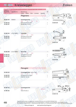 Kreiseleggen
Artikel- u.
Bestell-Nr.:

v e r w e n d b a r

Hersteller-Nr.:

Zinken

a n s t e l l e

Bezeichnung
Länge Stärke

v o n

PE
Bohr.

Lochabst.

Gewinde

Pegoraro
00 280 249

0088555

Kreiseleggenzinke
285
14
16,5
Schraube M 16x1,5x55
Bundmutter M 16x1,5

00 280 534
00 280 507

00 280 244

LC-LD 06955

00 280 532
00 280 507

1
60
1
1

Rotorzinke
195
10
16,5
Schraube M 16x1,5x55
Bundmutter M 16x1,5

00 280 249

1
1
1

00 280 244

00 280 298
00 280 532
00 280 507

LC-LD 08590

Rotorzinke
215
29
16,5
Schraube M 16x1,5x55
Bundmutter M 16x1,5

1
1
1
00 280 298

Perugini
00 280 245
00 280 522
00 280 504

00 280 140
00 280 500

Kreiseleggenzinke rechts / links
315
12
13
65
Schraube M 12x1,25x45
Mutter M 12x1,25

Kreiseleggenzinke
320
Mutter M 20x1,5

1
1
1

00 280 245

1
M 20x1,5
1
00 280 140

406

Obige Ersatzteile werden von ausgesuchten Herstellern produziert und sind KEINE ORIGINALTEILE.
Alle Teile werden von PRILLINGER laufend auf ihre Qualität geprüft u. untersucht, mit dem Bestreben, beste Qualität zu bieten.
Die angeführten Originalnummern u. Systembezeichnungen dienen nur zur Identifizierung der Teile u. dürfen nicht weiterverwendet werden.
www.prillinger.at

mein.partner@prillinger.at

 