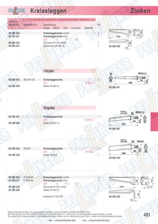 Kreiseleggen
Artikel- u.
Bestell-Nr.:

v e r w e n d b a r

Hersteller-Nr.:

00 280 260
00 280 261

a n s t e l l e

Bezeichnung
Länge Stärke

v o n

PE
Bohr.

Kreiseleggenzinke rechts
Kreiseleggenzinke links
300
12
17
Schraube M 16x1,5x60
Bundmutter M 16x1,5

00 280 533
00 280 507

Zinken
Lochabst.

Gewinde
1
1

60
1
1

00 280 260

Vicon
00 280 401

900 441 00

00 280 500

Kreiseleggenzinke
365
Mutter M 20x1,5

1
M 20x1,5
1

00 280 401

Vigolo
00 280 301

Kreiseleggenzinke
315
Mutter M 20x1,5

00 280 500

1
M 20x1,5
1
00 280 301

00 280 340

500001

00 280 502

Kreiseleggenzinke
340
Mutter M 24x2

1
M 24x2
1
00 280 340

00 280 226
00 280 227
00 280 532
00 280 506

E 010144
E 020144

Kreiseleggenzinke rechts
Kreiseleggenzinke links
285
12
17,5
Schraube M 16x1,5x55
Mutter M 16x1,5

1
1
50

passend zu Typ EM

1
1
00 280 226

Obige Ersatzteile werden von ausgesuchten Herstellern produziert und sind KEINE ORIGINALTEILE.
Alle Teile werden von PRILLINGER laufend auf ihre Qualität geprüft u. untersucht, mit dem Bestreben, beste Qualität zu bieten.
Die angeführten Originalnummern u. Systembezeichnungen dienen nur zur Identifizierung der Teile u. dürfen nicht weiterverwendet werden.
Tel.: +43(0)7242/230-200

Fax: +43(0)7242/230-250

421

 