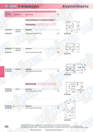 Kreiseleggen
v e r w e n d b a r

Artikel- u.
Bestell-Nr.:

Hersteller-Nr.:

a n s t e l l e

Abstreifbleche
v o n

Bezeichnung

PE

Abstreifbleche zu Packerwalzen

Amazone
00 250 030

6081200
6083200

00 903 039

00 250 031

Abstreifer
Flachrundschraube M 10x35

Aus

laufte

il

6040200
6030200

00 903 039

Abstreifer

1
100

1

Flachrundschraube M 10x35

00 250 032
00 903 039

6036200

00 250 030

100

Abstreifer
Flachrundschraube M 10x35

1
100

00 250 031

00 250 032

Eberhardt
00 250 033
00 903 039

300142

Abstreifer
Flachrundschraube M 10x35

1
100
00 250 033

00 250 034
00 903 039

Aus

laufte

il

Abstreifer
Flachrundschraube M 10x35

1
100

00 250 034

426

Obige Ersatzteile werden von ausgesuchten Herstellern produziert und sind KEINE ORIGINALTEILE.
Alle Teile werden von PRILLINGER laufend auf ihre Qualität geprüft u. untersucht, mit dem Bestreben, beste Qualität zu bieten.
Die angeführten Originalnummern u. Systembezeichnungen dienen nur zur Identifizierung der Teile u. dürfen nicht weiterverwendet werden.
www.prillinger.at

mein.partner@prillinger.at

 