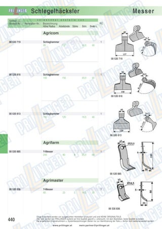 Schlegelhäcksler
Artikel- u.
Bestell-Nr.:

v e r w e n d b a r

a n s t e l l e

Hersteller-Nr.: Bezeichnung
Höhe/ Radius Arbeitsbreite Stärke

Messer

v o n

PE
Bohr.

Breite o.

16,5

40

Agricom
00 530 719

Schlaghammer
95

1
137

00 530 719

00 530 816

Schlaghammer
100

1
150

20,5

55

00 530 816

00 530 813

Schlaghammer
110

1
120

16,5

40

00 530 813

Agrifarm
00 530 885

Y-Messer
245

1
80

8

25,5

60

00 530 885

Agrimaster
00 530 836

Y-Messer
80

1
25

5

14,5

35

00 530 836

440

Obige Ersatzteile werden von ausgesuchten Herstellern produziert und sind KEINE ORIGINALTEILE.
Alle Teile werden von PRILLINGER laufend auf ihre Qualität geprüft u. untersucht, mit dem Bestreben, beste Qualität zu bieten.
Die angeführten Originalnummern u. Systembezeichnungen dienen nur zur Identifizierung der Teile u. dürfen nicht weiterverwendet werden.
www.prillinger.at

mein.partner@prillinger.at

 