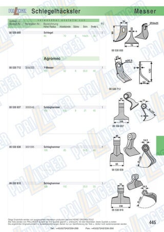 Schlegelhäcksler
Artikel- u.
Bestell-Nr.:

v e r w e n d b a r

a n s t e l l e

Hersteller-Nr.: Bezeichnung
Höhe/ Radius Arbeitsbreite Stärke

00 530 650

Schlegel
80

Messer

v o n

PE
Bohr.

Breite o.

14x25

36

1
70

6

00 530 650

Agromec
00 530 712

3000323

Y-Messer
120

1
52

8

20,5

40

00 530 712

00 530 837

3000548

Schlaghammer
100

1
100

8

21

40

00 530 837

00 530 838

3001095

Schlaghammer
100

1
85

14,5

40

00 530 838

00 530 816

Schlaghammer
100

1
150

20,5

55

00 530 816

Obige Ersatzteile werden von ausgesuchten Herstellern produziert und sind KEINE ORIGINALTEILE.
Alle Teile werden von PRILLINGER laufend auf ihre Qualität geprüft u. untersucht, mit dem Bestreben, beste Qualität zu bieten.
Die angeführten Originalnummern u. Systembezeichnungen dienen nur zur Identifizierung der Teile u. dürfen nicht weiterverwendet werden.
Tel.: +43(0)7242/230-200

Fax: +43(0)7242/230-250

445

 