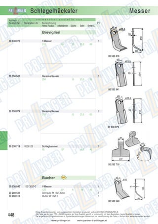 Schlegelhäcksler
Artikel- u.
Bestell-Nr.:

v e r w e n d b a r

a n s t e l l e

Hersteller-Nr.: Bezeichnung
Höhe/ Radius Arbeitsbreite Stärke

Messer

v o n

PE
Bohr.

Breite o.

25,5

60

Breviglieri
00 530 876

Y-Messer
210

1
69

10

00 530 876

00 530 941

Gerades Messer
204

´

1
10

25,5

60

00 530 941

00 530 879

Gerades Messer
210

1
10

25,5

60

00 530 879

00 530 719

0056123

Schlaghammer
95

1
137

16,5

40

00 530 719

Bucher
00 530 040
00 280 531
00 280 516

15513017-0

Y-Messer
125
50
Schraube M 16x1,5x50
Mutter M 16x1,5

1
6

16

40
1
1
00 530 040

448

Obige Ersatzteile werden von ausgesuchten Herstellern produziert und sind KEINE ORIGINALTEILE.
Alle Teile werden von PRILLINGER laufend auf ihre Qualität geprüft u. untersucht, mit dem Bestreben, beste Qualität zu bieten.
Die angeführten Originalnummern u. Systembezeichnungen dienen nur zur Identifizierung der Teile u. dürfen nicht weiterverwendet werden.
www.prillinger.at

mein.partner@prillinger.at

 
