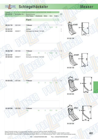 Schlegelhäcksler
Artikel- u.
Bestell-Nr.:

v e r w e n d b a r

a n s t e l l e

Hersteller-Nr.: Bezeichnung
Höhe/ Radius Arbeitsbreite Stärke

Messer

v o n

PE
Bohr.

Breite o.

14x30

40

Ferri
00 530 739
00 530 787
00 530 653

0901049

0303017

Y-Messer
81
38
8
Schäkel
Schraube mit Mutter 7/16“x63

1
1
1

00 530 739

00 530 738
00 530 787
00 530 653

0901068

0303017

Y-Messer
100
38
8
Schäkel
Schraube mit Mutter 7/16“x63

1
14x30

40
1
1

00 530 738

00 530 635

0901085

Y-Messer
120

1
43

8

25,5

60

00 530 635

00 530 636

0901086

Y-Messer
120

1
64

8

25,5

60

00 530 636

Obige Ersatzteile werden von ausgesuchten Herstellern produziert und sind KEINE ORIGINALTEILE.
Alle Teile werden von PRILLINGER laufend auf ihre Qualität geprüft u. untersucht, mit dem Bestreben, beste Qualität zu bieten.
Die angeführten Originalnummern u. Systembezeichnungen dienen nur zur Identifizierung der Teile u. dürfen nicht weiterverwendet werden.
Tel.: +43(0)7242/230-200

Fax: +43(0)7242/230-250

461

 