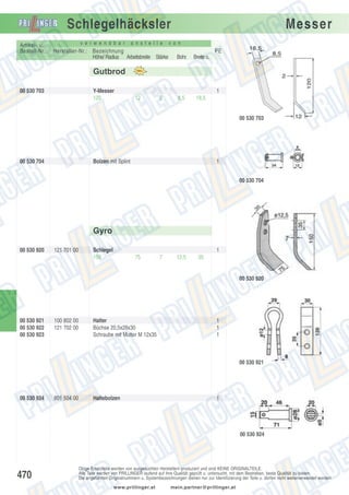 Schlegelhäcksler
Artikel- u.
Bestell-Nr.:

v e r w e n d b a r

a n s t e l l e

Hersteller-Nr.: Bezeichnung
Höhe/ Radius Arbeitsbreite Stärke

Messer

v o n

PE
Bohr.

Breite o.

8,5

18,5

Gutbrod
00 530 703

Y-Messer
120

1
12

2

00 530 703

00 530 704

Bolzen mit Splint

1
00 530 704

Gyro
00 530 920

121 701 00

Schlegel
150

1
75

7

12,5

35

00 530 920

00 530 921
00 530 922
00 530 923

100 802 00
121 702 00

Halter
Büchse 20,5x28x30
Schraube mit Mutter M 12x35

1
1
1

00 530 921

00 530 924

801 504 00

Haltebolzen

1

00 530 924

470

Obige Ersatzteile werden von ausgesuchten Herstellern produziert und sind KEINE ORIGINALTEILE.
Alle Teile werden von PRILLINGER laufend auf ihre Qualität geprüft u. untersucht, mit dem Bestreben, beste Qualität zu bieten.
Die angeführten Originalnummern u. Systembezeichnungen dienen nur zur Identifizierung der Teile u. dürfen nicht weiterverwendet werden.
www.prillinger.at

mein.partner@prillinger.at

 