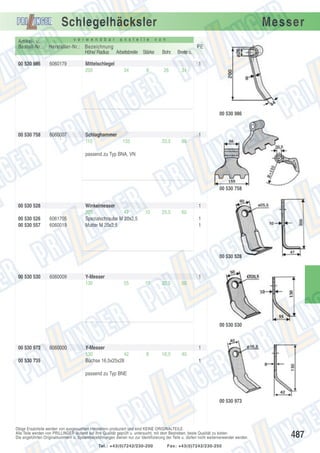 Schlegelhäcksler
Artikel- u.
Bestell-Nr.:
00 530 986

v e r w e n d b a r

a n s t e l l e

Hersteller-Nr.: Bezeichnung
Höhe/ Radius Arbeitsbreite Stärke
6060179

Mittelschlegel
200

Messer

v o n

PE
Bohr.

Breite o.

26

34

1
34

8

00 530 986

00 530 758

6060007

Schlaghammer
110

1
155

20,5

86

passend zu Typ BNA, VN

00 530 758
00 530 528
00 530 526
00 530 557

6061705
6060019

Winkelmesser
205
47
Spezialschraube M 20x2,5
Mutter M 20x2,5

1
10

25,5

60
1
1

00 530 528

00 530 530

6060009

Y-Messer
130

1
55

10

20,5

50

00 530 530

00 530 973
00 530 735

6060000

Y-Messer
130
42
Büchse 16,5x25x28

1
8

16,5

40
1

passend zu Typ BNE

00 530 973

Obige Ersatzteile werden von ausgesuchten Herstellern produziert und sind KEINE ORIGINALTEILE.
Alle Teile werden von PRILLINGER laufend auf ihre Qualität geprüft u. untersucht, mit dem Bestreben, beste Qualität zu bieten.
Die angeführten Originalnummern u. Systembezeichnungen dienen nur zur Identifizierung der Teile u. dürfen nicht weiterverwendet werden.
Tel.: +43(0)7242/230-200

Fax: +43(0)7242/230-250

487

 