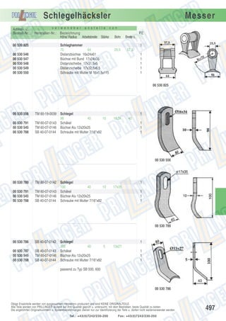 Schlegelhäcksler
Artikel- u.
Bestell-Nr.:

v e r w e n d b a r

a n s t e l l e

Hersteller-Nr.: Bezeichnung
Höhe/ Radius Arbeitsbreite Stärke

00 530 825

Schlaghammer
70
64
Distanzbüchse 16x24x61
Büchse mit Bund 17x24x35
Distanzscheibe 17x31,5x5
Distanzscheibe 17x32,5x6,5
Schraube mit Mutter M 16x1,5x115

00 530 546
00 530 547
00 530 548
00 530 549
00 530 550

Messer

v o n

PE
Bohr.

Breite o.

25,5

57,5

1
1
1
1
1
1
00 530 825

00 530 556
00 530 791
00 530 545
00 530 788

TM 60-19-0039
TM 60-07-0143
TM 60-07-0146
SB 40-07-0144

Schlegel
98
40
10
Schäkel
Büchse Alu 12x20x25
Schraube mit Mutter 7/16"x82

1
16,34

40
1
1
1

00 530 556

00 530 789
00 530 791
00 530 545
00 530 788

TM 60-07-0142
TM 60-07-0143
TM 60-07-0146
SB 40-07-0144

Schlegel
100
40
10
Schäkel
Büchse Alu 12x20x25
Schraube mit Mutter 7/16"x82

1
17x35
1
1
1

00 530 789

00 530 786
00 530 787
00 530 545
00 530 788

SB 40-07-0142
SB 40-07-0143
TM 60-07-0146
SB 40-07-0144

Schlegel
100
40
5
Schäkel
Büchse Alu 12x20x25
Schraube mit Mutter 7/16"x82

1
13x27
1
1
1

passend zu Typ SB 500, 600

00 530 786

Obige Ersatzteile werden von ausgesuchten Herstellern produziert und sind KEINE ORIGINALTEILE.
Alle Teile werden von PRILLINGER laufend auf ihre Qualität geprüft u. untersucht, mit dem Bestreben, beste Qualität zu bieten.
Die angeführten Originalnummern u. Systembezeichnungen dienen nur zur Identifizierung der Teile u. dürfen nicht weiterverwendet werden.
Tel.: +43(0)7242/230-200

Fax: +43(0)7242/230-250

497

 