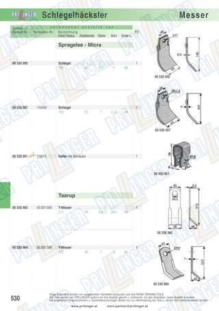 Schlegelhäcksler
v e r w e n d b a r

Artikel- u.
Bestell-Nr.:

a n s t e l l e

Hersteller-Nr.: Bezeichnung
Höhe/ Radius Arbeitsbreite Stärke

Messer

v o n

PE
Bohr.

Breite o.

11

48

Spragelse - Micra

00 530 950

Schlegel
140

1
65

6,5

00 530 950

00 530 957

112400

Schlegel
105

1
65

7

11,5

48

00 530 957

00 530 951

Aus

laufte

il

112011

Halter mit Schraube

1

00 530 951

Taarup
00 530 965

50.507.000

Y-Messer
215

1
48

6,5

29,5

65

00 530 965

00 530 984

50.507.100

Y-Messer
215

1
46

7

29

65

00 530 984

530

Obige Ersatzteile werden von ausgesuchten Herstellern produziert und sind KEINE ORIGINALTEILE.
Alle Teile werden von PRILLINGER laufend auf ihre Qualität geprüft u. untersucht, mit dem Bestreben, beste Qualität zu bieten.
Die angeführten Originalnummern u. Systembezeichnungen dienen nur zur Identifizierung der Teile u. dürfen nicht weiterverwendet werden.
www.prillinger.at

mein.partner@prillinger.at

 