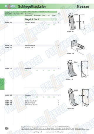 Schlegelhäcksler
Artikel- u.
Bestell-Nr.:

v e r w e n d b a r

a n s t e l l e

Hersteller-Nr.: Bezeichnung
Höhe/ Radius Arbeitsbreite Stärke

Messer

v o n

PE
Bohr.

Breite o.

25,5

60

Vogel & Noot
00 530 941

Gerades Messer
204

1
10

00 530 941

00 530 526
00 530 557

Spezialschraube
Mutter M 20x2,5

1
1

00 530 526

00 530 812

Y-Messer
204

1
55

8

25,5

60

00 530 812

00 530 885

00 530 735
00 530 886
00 530 887

Y-Messer
245

1
80

Büchse 16,5x25x28
Scheibe 17x35x3
Schraube M 16x2x60

8

25,5

60
1
1
1
00 530 885

538

Obige Ersatzteile werden von ausgesuchten Herstellern produziert und sind KEINE ORIGINALTEILE.
Alle Teile werden von PRILLINGER laufend auf ihre Qualität geprüft u. untersucht, mit dem Bestreben, beste Qualität zu bieten.
Die angeführten Originalnummern u. Systembezeichnungen dienen nur zur Identifizierung der Teile u. dürfen nicht weiterverwendet werden.
www.prillinger.at

mein.partner@prillinger.at

 