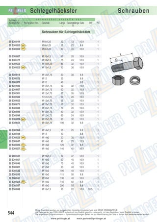 Schlegelhäcksler
Artikel- u.
Bestell-Nr.:

v e r w e n d b a r

a n s t e l l e

Schrauben

v o n

Hersteller-Nr.: Bezeichnung Länge Gewindelänge Güte
Gewinde
Höhe/ Radius Arbeitsbreite Stärke Bohr.
L
G

SW
PE
Breite o.

Schrauben für Schlegelhäcksler
00 530 544
00 530 052
00 530 022

M 8x1,25
M 8x1,25
M 8x1,25

13
35
50

13
23
22

10.9
8.8
10.9

1
1
1

00 530 667
00 530 477
00 530 623
00 530 023

M 10x1,5
M 10x1,5
M 10x1,25
M 10x1,5

65
75
85
90

28
24
32
30

10.9
12.9
10.9
10.9

1
1
1
1

00 530 914
00 530 923
00 530 923
00 530 606
00 530 607
00 530 501
00 530 582
00 530 652
00 530 671
00 530 608
00 530 899
00 530 894
00 530 024
00 530 651

M 12x1,75
M 12
M 12
M 12x1,75
M 12x1,75
M 12x1,75
N 12x1,25
M 12x1,75
M 12x1,75
M 12x1,75
M 12x1,75
M 12x1,75
M 12x1,75
M 12x1,75

30
35
40
50
60
35
60
65
65
70
80
80
90
100

30

8.8
8.8
8.8
10.9
10.9
10.9
10.9
10.9
12.9
10.9
10.9
10.9
12.9
8.8

1
1
1
1
1
1
1
1
1
1
1
1
1
1

00 530 904
00 530 948
00 530 025
00 530 847
00 530 026
00 530 027

M 14x1,5
M 14
M 14x2
M 14x2
M 14x2
M 14x2

25
40
50
90
120
140

35
20
37
45

8.8
8.8
10.9
12.9
8.8
10.9

1
1
1
1
1
1

00 280 531
00 530 887
00 530 846
00 530 801
00 530 532
00 530 550
00 530 841
00 530 028
00 530 597
00 530 688

M 16x1,5
M 16x2
M 16x2
M 16x2
M 16x2
M 16x2
M 16x2
M 16x2
M 16x2
M 16x1,5

50
60
70
90
100
115
130
140
200
90

37
40
40
40
40
50
48
50
50
22

12.9
10.9
10.9
10.9
10.9
8.8
10.9
8.8
8.8
10.9

1
1
1
1
1
1
1
1
1
1

544

32
32
35
20
32
32
20
32
24
32
32
25

26,5

Obige Ersatzteile werden von ausgesuchten Herstellern produziert und sind KEINE ORIGINALTEILE.
Alle Teile werden von PRILLINGER laufend auf ihre Qualität geprüft u. untersucht, mit dem Bestreben, beste Qualität zu bieten.
Die angeführten Originalnummern u. Systembezeichnungen dienen nur zur Identifizierung der Teile u. dürfen nicht weiterverwendet werden.
www.prillinger.at

mein.partner@prillinger.at

 