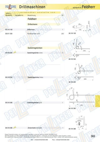 Drillmaschinen
v e r w e n d b a r

Artikel- u.
Bestell-Nr.:

Hersteller-Nr.:

a n s t e l l e

Bezeichnung

passend zu

Feldherr

v o n

PE

Drillscharen

ø6.5

Feldherr
50

95

00 611 530

Rundkopfniete 5x30

1

145

21

00 310 100

200

52

Drillschare

ø7

Ø

165

00 310 100

Saatstriegelzinken

240
laufte

il

Saatstriegelzinke vorne

1
28

00 310 353

Aus

00 310 352

Saatstriegelzinke hinten

ø7

28

165

Ø

52

00 310 353

1

265

00 310 352

28

170

ø8

87

00 310 385

Saatstriegelzinke groß

1
435

00 310 385

65

57

M 10

00 310 386

Aus

laufte

il

Zinkenhalter komplett

1

00 310 386

Obige Ersatzteile werden von ausgesuchten Herstellern produziert und sind KEINE ORIGINALTEILE.
Alle Teile werden von PRILLINGER laufend auf ihre Qualität geprüft u. untersucht, mit dem Bestreben, beste Qualität zu bieten.
Die angeführten Originalnummern u. Systembezeichnungen dienen nur zur Identifizierung der Teile u. dürfen nicht weiterverwendet werden.
Tel.: +43(0)7242/230-200

Fax: +43(0)7242/230-250

75

563

 