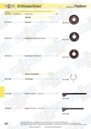 Drillmaschinen
Artikel- u.
Bestell-Nr.:

v e r w e n d b a r

Hersteller-Nr.:

passend zu

a n s t e l l e

Feldherr

v o n

Bezeichnung

PE

Säräder
00 318 273

Feinsärad

1

00 318 173

Feinsärad für Fahrgassenschaltung

1

00 318 275

Nasensärad mit Schiebestift

1

00 318 273

00 318 173

00 318 275

Diverse Ersatzteile
00 318 282

Trichterbügel

1

00 318 286

Särohr mit Trichter L = 525 mm

1

00 318 282

00 318 286

00 318 287

Särohr mit Trichter L = 415 mm

1

00 318 287

564

Obige Ersatzteile werden von ausgesuchten Herstellern produziert und sind KEINE ORIGINALTEILE.
Alle Teile werden von PRILLINGER laufend auf ihre Qualität geprüft u. untersucht, mit dem Bestreben, beste Qualität zu bieten.
Die angeführten Originalnummern u. Systembezeichnungen dienen nur zur Identifizierung der Teile u. dürfen nicht weiterverwendet werden.
www.prillinger.at

mein.partner@prillinger.at

 