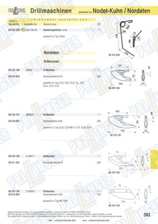 Drillmaschinen
v e r w e n d b a r

Artikel- u.
Bestell-Nr.:

Hersteller-Nr.:

00 310 539

530 438 00

a n s t e l l e

passend zu

Nodet-Kuhn / Nordsten

v o n

Bezeichnung

PE

Saatstriegelzinke vorne

1

passend zu Typ Venta

Nordsten

00 310 539

Drillscharen
00 310 190

25085

00 610 818

Drillschare

1

Senkkopfniete 6x18

200

passend zu Typ CLA, CLB, CLD, CL, CLF,
CLG, CLH, CLR

00 310 191

36066A

00 610 825

Drillschare

00 310 190

1

Senkkopfniete 6x25

200

passend zu Typ CLB, CLB MK II, CLF, CLG, CLH
00 310 191

2148571

00 611 816

Drillschare
Rundkopfniete 6x16

1
67

00 310 192

ø8

112

200
162

17

00 310 192

2149320

Drillschare
Senkkopfniete 7x25

1
100

63

00 310 194
00 610 855

ø9

78

passend zu Typ NS 1000

165

16

00 310 194
Obige Ersatzteile werden von ausgesuchten Herstellern produziert und sind KEINE ORIGINALTEILE.
Alle Teile werden von PRILLINGER laufend auf ihre Qualität geprüft u. untersucht, mit dem Bestreben, beste Qualität zu bieten.
Die angeführten Originalnummern u. Systembezeichnungen dienen nur zur Identifizierung der Teile u. dürfen nicht weiterverwendet werden.
Tel.: +43(0)7242/230-200

Fax: +43(0)7242/230-250

583

 