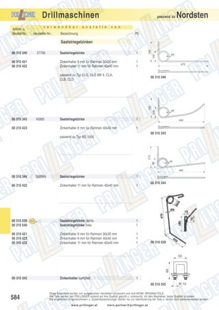 Drillmaschinen
Artikel- u.
Bestell-Nr.:

v e r w e n d b a r

Hersteller-Nr.:

a n s t e l l e

passend zu

Nordsten

v o n

Bezeichnung

PE

27706

1

Zinkenhalter 9 mm für Rahmen 30x30 mm
Zinkenhalter 11 mm für Rahmen 40x40 mm

00 310 421
00 310 422

Saatstriegelzinke

1
1

passend zu Typ CLG, CLG MK II, CLA,
CLB, CLD

ø9

105

00 310 340

190

Saatstriegelzinken

470

190

00 310 340

105

ø9

00 310 343

45885

1

Zinkenhalter 9 mm für Rahmen 40x40 mm

00 310 423

Saatstriegelzinke

1

440

00 310 343

210

passend zu Typ NS 1000

98

ø9

460

00 310 344

050948

Saatstriegelzinke

1

00 310 422

Zinkenhalter 11 mm für Rahmen 40x40 mm

1

00 310 539
00 310 540

Saatstriegelzinke rechts
Saatstriegelzinke links

1
1

00 310 421
00 310 423
00 310 422

Zinkenhalter 9 mm für Rahmen 30x30 mm
Zinkenhalter 9 mm für Rahmen 40x40 mm
Zinkenhalter 11 mm für Rahmen 40x40 mm

1
1
1

00 310 344

00 310 539

68

50

00 310 342

Zinkenhalter komplett

1
00 310 342

584

M 10

Obige Ersatzteile werden von ausgesuchten Herstellern produziert und sind KEINE ORIGINALTEILE.
Alle Teile werden von PRILLINGER laufend auf ihre Qualität geprüft u. untersucht, mit dem Bestreben, beste Qualität zu bieten.
Die angeführten Originalnummern u. Systembezeichnungen dienen nur zur Identifizierung der Teile u. dürfen nicht weiterverwendet werden.
www.prillinger.at

mein.partner@prillinger.at

 