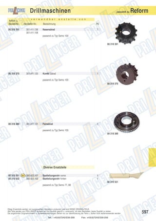 Drillmaschinen
Artikel- u.
Bestell-Nr.:
00 318 391

v e r w e n d b a r

Hersteller-Nr.:
301.411.136
301.411.108

a n s t e l l e

passend zu

Reform

v o n

Bezeichnung

PE

Nasensärad

1

passend zu Typ Semo 100
00 318 391

00 318 370

301.411.120

Kombi Särad

1

passend zu Typ Semo 100
00 318 370

00 318 389

301.411.121

Feinsärad

1

passend zu Typ Semo 100
00 318 389

Diverse Ersatzteile
00 310 551
00 310 552

300.423.101
300.423.102

Saatleitungsrohr vorne
Saatleitungsrohr hinten

1
1
00 310 551

passend zu Typ Semo 77, 88

Obige Ersatzteile werden von ausgesuchten Herstellern produziert und sind KEINE ORIGINALTEILE.
Alle Teile werden von PRILLINGER laufend auf ihre Qualität geprüft u. untersucht, mit dem Bestreben, beste Qualität zu bieten.
Die angeführten Originalnummern u. Systembezeichnungen dienen nur zur Identifizierung der Teile u. dürfen nicht weiterverwendet werden.
Tel.: +43(0)7242/230-200

Fax: +43(0)7242/230-250

597

 