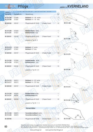 Pflüge

passend zu

v e r w e n d b a r

a n s t e l l e

KVERNELAND

v o n

Artikel- u.
Bestell-Nr.:

Hersteller-Nr.:

Bezeichnung

PE

00 214 288
00 214 289

073286
073287

Mollblech 14 - 18" rechts
Mollblech 14 - 18" links

1
1

00 228 922

033107

Pflugschraube M 12x35

00 214 290
00 214 291

073250
073251

Mollblechkante rechts
Mollblechkante links

00 228 921

033100

Pflugschraube M 12x30

2 Nasen Huard

10

1
1
2 Nasen Huard

10
00 214 290

passend zu Typ Nr. 8

00 214 270
00 214 271

073260
073261

Mollblech 12" rechts
Mollblech 12" links

00 228 922

033107

Pflugschraube M 12x35

00 214 292
00 214 293

073256
073257

Mollblechkante rechts
Mollblechkante links

00 228 921

033100

Pflugschraube M 12x30

1
1
2 Nasen Huard

10

063212
063215

2 Nasen Huard

10
00 214 292

Mollblech 14 - 20" rechts
Mollblech 14 - 20" links

00 228 922

033107

Pflugschraube M 12x35

00 214 240
00 214 241

063240
063250

Mollblechkante rechts
Mollblechkante links

00 228 921

033100

Pflugschraube M 12x30

00 214 270

1
1

passend zu Typ Nr. 6, 9

00 214 216
00 214 217

00 214 288

1
1
2 Nasen Huard

10

00 214 216

1
1
2 Nasen Huard

10

00 214 240

passend zu Typ Nr. 1 - 5

Vorschäler
00 214 258
00 214 259
00 228 905

60

066878
066879

Vorschälermollblech rechts
Vorschälermollblech links
Pflugschraube M 10x30

1
1
2 Nasen Huard

10

00 214 258

Obige Ersatzteile werden von ausgesuchten Herstellern produziert und sind KEINE ORIGINALTEILE.
Alle Teile werden von PRILLINGER laufend auf ihre Qualität geprüft u. untersucht, mit dem Bestreben, beste Qualität zu bieten.
Die angeführten Originalnummern u. Systembezeichnungen dienen nur zur Identifizierung der Teile u. dürfen nicht weiterverwendet werden.
www.prillinger.at

mein.partner@prillinger.at

 