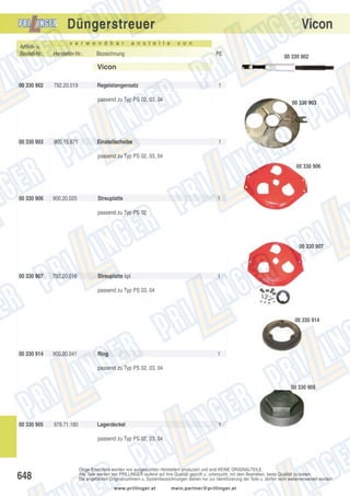 Vicon

Düngerstreuer
Artikel- u.
Bestell-Nr.:

v e r w e n d b a r

Hersteller-Nr.:

a n s t e l l e

Bezeichnung

v o n

PE

00 330 902

Vicon
00 330 902

792.20.019

Regelstangensatz

1

passend zu Typ PS 02, 03, 04

00 330 903

900.15.671

Einstellscheibe

00 330 903

1

passend zu Typ PS 02, 03, 04
00 330 906

00 330 906

900.20.020

Streuplatte

1

passend zu Typ PS 02

00 330 907

00 330 907

792.20.016

Streuplatte kpl.

1

passend zu Typ PS 03, 04

00 330 914

00 330 914

900.20.041

Ring

1

passend zu Typ PS 02, 03, 04
00 330 905

00 330 905

978.71.180

Lagerdeckel

1

passend zu Typ PS 02, 03, 04

648

Obige Ersatzteile werden von ausgesuchten Herstellern produziert und sind KEINE ORIGINALTEILE.
Alle Teile werden von PRILLINGER laufend auf ihre Qualität geprüft u. untersucht, mit dem Bestreben, beste Qualität zu bieten.
Die angeführten Originalnummern u. Systembezeichnungen dienen nur zur Identifizierung der Teile u. dürfen nicht weiterverwendet werden.
www.prillinger.at

mein.partner@prillinger.at

 