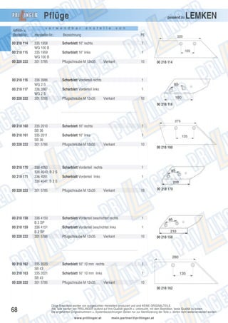 Pflüge
Artikel- u.
Bestell-Nr.:
00 218 114
00 218 115
00 228 222

00 218 116
00 218 117
00 228 222

passend zu

v e r w e n d b a r

a n s t e l l e

LEMKEN

v o n

Hersteller-Nr.:

Bezeichnung

PE

335 1958
WG 100 B
335 1959
WG 100 B
301 5785

Scharblatt 16" rechts

1

Scharblatt 16" links

1

336 3986
WG 2 S
336 3987
WG 2 S
301 5785

Scharblatt Vorderteil rechts

1

Scharblatt Vorderteil links

1

Pflugschraube M 12x35

Pflugschraube M 12x35

Vierkant

Vierkant

10

00 218 114

10
00 218 116

00 218 160
00 218 161
00 228 222

00 218 170
00 218 171

335 2010
SB 36
335 2011
SB 36
301 5785

Scharblatt 16" rechts

1

Scharblatt 16" links

1

336 4050
336 4040; B 2 S
336 4051
336 4041; B 2 S

Scharblatt Vorderteil rechts

1

Scharblatt Vorderteil links

1

Pflugschraube M 12x35

Vierkant

00 228 222

301 5785

Pflugschraube M 12x35

00 218 158

336 4150
B 2 SP
336 4151
B 2 SP
301 5785

Scharblatt Vorderteil beschichtet rechts
Scharblatt Vorderteil beschichtet links
Pflugschraube M 12x35

10

00 218 170

1

00 228 222

00 218 162
00 218 163
00 228 222

335 2020
SB 43
335 2021
SB 43
301 5785

Vierkant

10

00 218 160

1

00 218 159

Vierkant

10

Scharblatt 16" 10 mm rechts

1

Scharblatt 16" 10 mm links

00 218 158

1

Pflugschraube M 12x35

Vierkant

10
00 218 162

68

Obige Ersatzteile werden von ausgesuchten Herstellern produziert und sind KEINE ORIGINALTEILE.
Alle Teile werden von PRILLINGER laufend auf ihre Qualität geprüft u. untersucht, mit dem Bestreben, beste Qualität zu bieten.
Die angeführten Originalnummern u. Systembezeichnungen dienen nur zur Identifizierung der Teile u. dürfen nicht weiterverwendet werden.
www.prillinger.at

mein.partner@prillinger.at

 