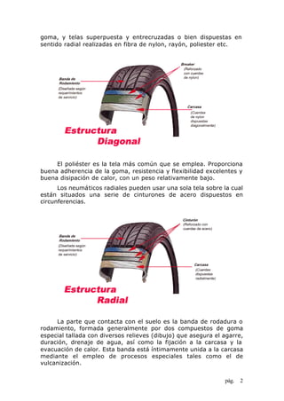 pág. 2
goma, y telas superpuesta y entrecruzadas o bien dispuestas en
sentido radial realizadas en fibra de nylon, rayón, poliester etc.
El poliéster es la tela más común que se emplea. Proporciona
buena adherencia de la goma, resistencia y flexibilidad excelentes y
buena disipación de calor, con un peso relativamente bajo.
Los neumáticos radiales pueden usar una sola tela sobre la cual
están situados una serie de cinturones de acero dispuestos en
circunferencias.
La parte que contacta con el suelo es la banda de rodadura o
rodamiento, formada generalmente por dos compuestos de goma
especial tallada con diversos relieves (dibujo) que asegura el agarre,
duración, drenaje de agua, así como la fijación a la carcasa y la
evacuación de calor. Esta banda está íntimamente unida a la carcasa
mediante el empleo de procesos especiales tales como el de
vulcanización.
 