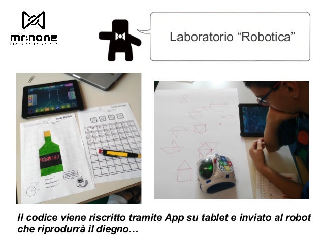 Laboratorio âRoboticaâ Il codice viene riscritto tramite App su tablet e inviato al robot che riprodurrÃ  il diegnoâ¦ 