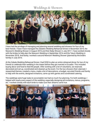 30
Weddings & Showers
I have had the privilege of managing and planning several wedding and showers for four of my
best friends. I have I have managed the Zabala’s Wedding Rehearsal Dinner in November 2014, the
Newsom’s Wedding Shower in August 2016 and their Baby Shower in July 2017. I have worked closely
with the brides to help plan the Newsom Wedding in September 2016 and the Tatum Wedding in
November 2018. And lastly, I worked a second Newsom Wedding Shower (planned by the bride’s
family) in July 2016.
At the Zabala Wedding Rehearsal Dinner, I had $350 to plan an entire rehearsal dinner for two of my
friends to celebrate their wedding in the states before they got married in Ecuador. This included
buying decor and food to feed 80 people. After working with a lot of volunteers, we reserved,
decorated and set up, coordinated and cleaned up the event. For the two showers that I planned, I
researched themes, created a menu, made a list of decorations, a budget, recruited friends and family
to help with the events, designed invitations, came up with games and coordinated catering.
The weddings were huge tasks to accomplish, but had so much fun planning. For both weddings, I
helped with nearly every aspect of the wedding, especially designing all invitations, menus, programs,
etc. I worked closely with each bride to make sure their dreams came true.
 