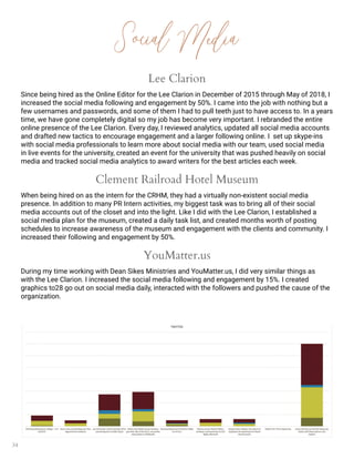 34
Social Media
Lee Clarion
Since being hired as the Online Editor for the Lee Clarion in December of 2015 through May of 2018, I
increased the social media following and engagement by 50%. I came into the job with nothing but a
few usernames and passwords, and some of them I had to pull teeth just to have access to. In a years
time, we have gone completely digital so my job has become very important. I rebranded the entire
online presence of the Lee Clarion. Every day, I reviewed analytics, updated all social media accounts
and drafted new tactics to encourage engagement and a larger following online. I set up skype-ins
with social media professionals to learn more about social media with our team, used social media
in live events for the university, created an event for the university that was pushed heavily on social
media and tracked social media analytics to award writers for the best articles each week.
Clement Railroad Hotel Museum
When being hired on as the intern for the CRHM, they had a virtually non-existent social media
presence. In addition to many PR Intern activities, my biggest task was to bring all of their social
media accounts out of the closet and into the light. Like I did with the Lee Clarion, I established a
social media plan for the museum, created a daily task list, and created months worth of posting
schedules to increase awareness of the museum and engagement with the clients and community. I
increased their following and engagement by 50%.
YouMatter.us
During my time working with Dean Sikes Ministries and YouMatter.us, I did very similar things as
with the Lee Clarion. I increased the social media following and engagement by 15%. I created
graphics to28 go out on social media daily, interacted with the followers and pushed the cause of the
organization.
 