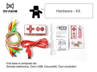 Hardware - Kit
Il kit base è composto da:
Scheda elettronica, Cavo USB, Coccodrilli, Cavi conduttori
 