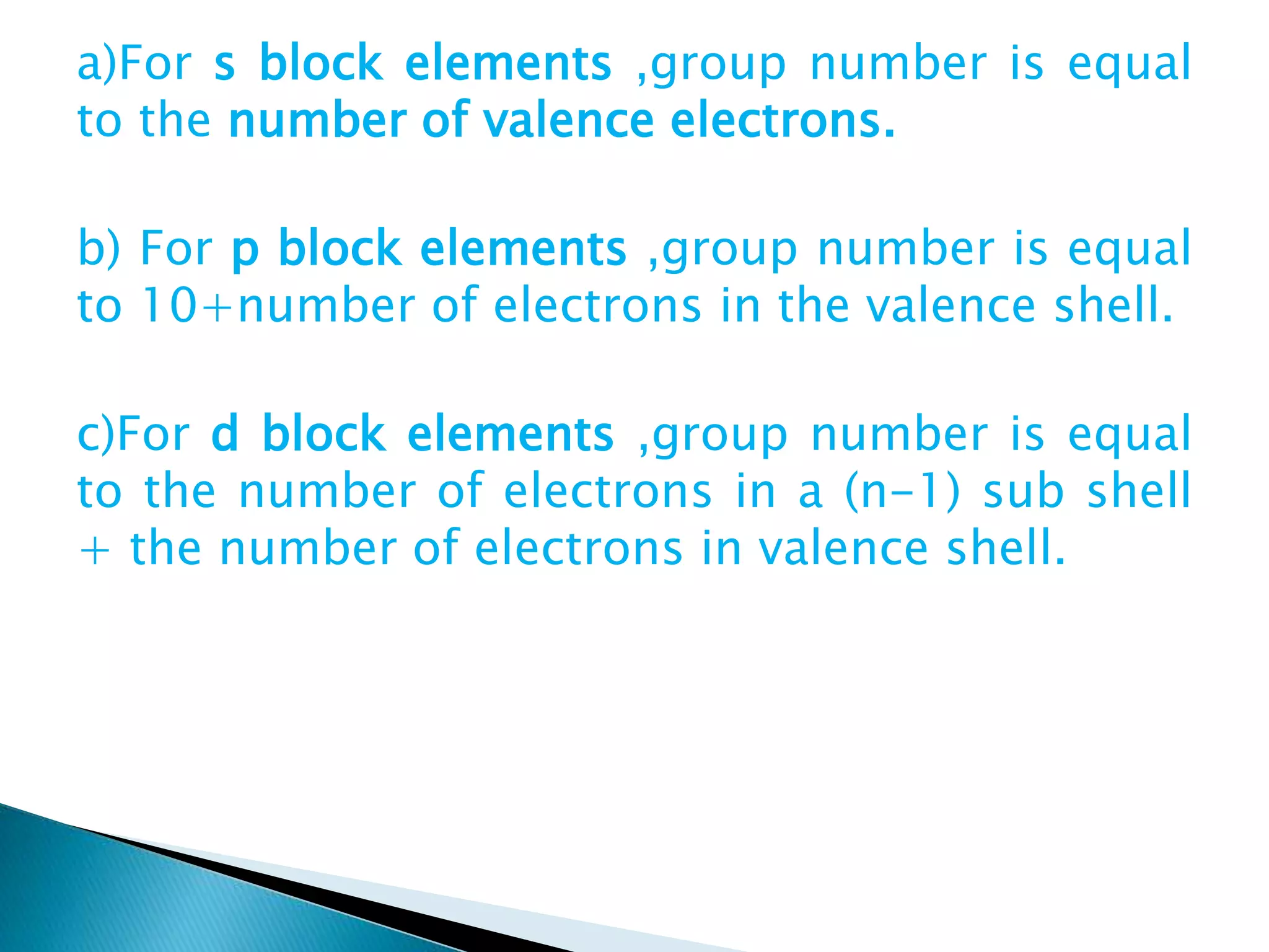 a)For s block elements ,group number is equal
to the number of valence electrons.
b) For p block elements ,group number is equal
to 10+number of electrons in the valence shell.
c)For d block elements ,group number is equal
to the number of electrons in a (n-1) sub shell
+ the number of electrons in valence shell.
 