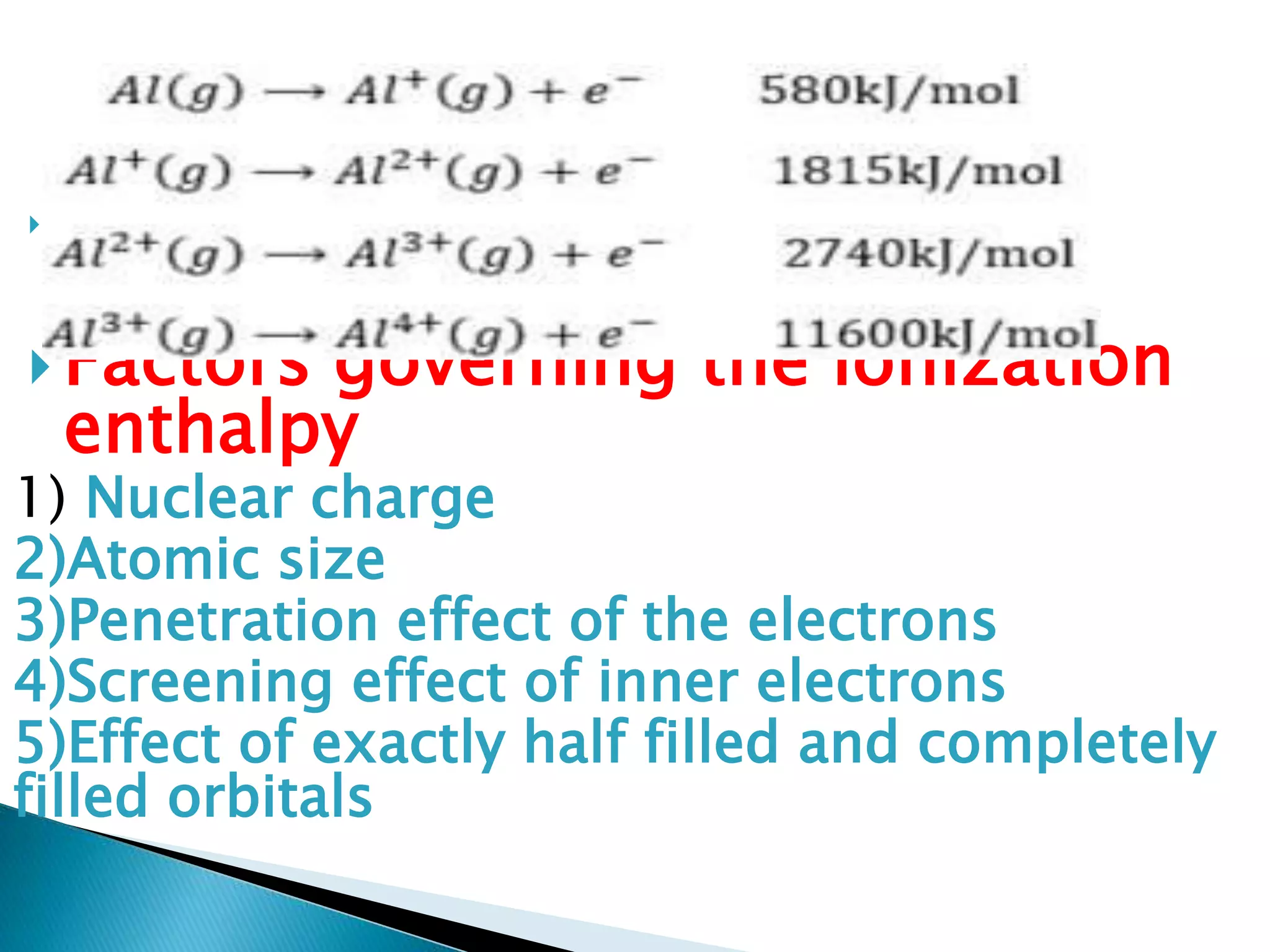  Factors governing the ionization enthalpy:
 Factors governing the ionization
enthalpy
1) Nuclear charge
2)Atomic size
3)Penetration effect of the electrons
4)Screening effect of inner electrons
5)Effect of exactly half filled and completely
filled orbitals
 