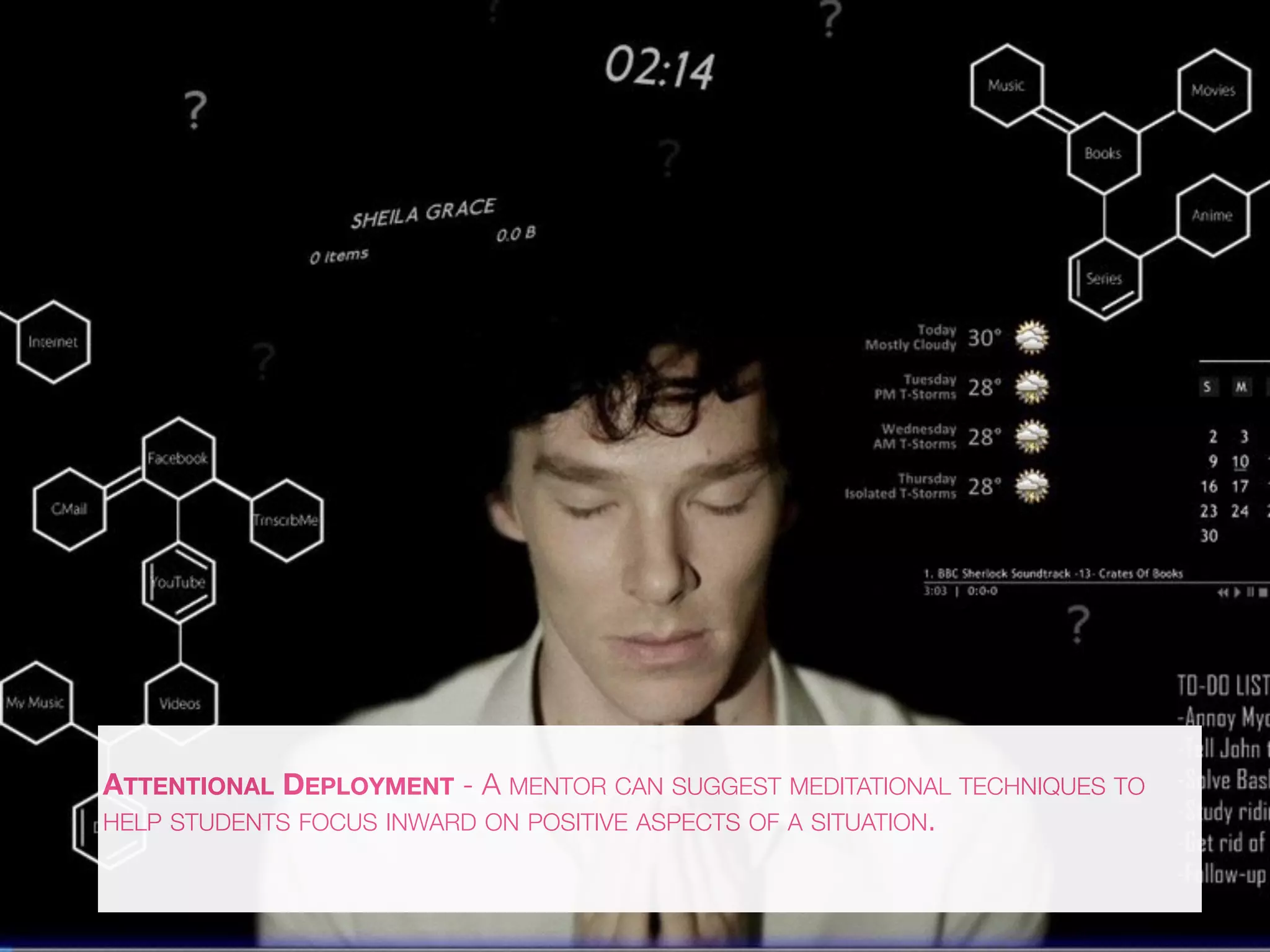 ATTENTIONAL DEPLOYMENT - A MENTOR CAN SUGGEST MEDITATIONAL TECHNIQUES TO
HELP STUDENTS FOCUS INWARD ON POSITIVE ASPECTS OF A SITUATION.
 
