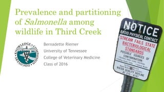 Prevalence and partitioning 
of Salmonella among 
wildlife in Third Creek 
Bernadette Riemer 
University of Tennessee 
College of Veterinary Medicine 
Class of 2016 
 