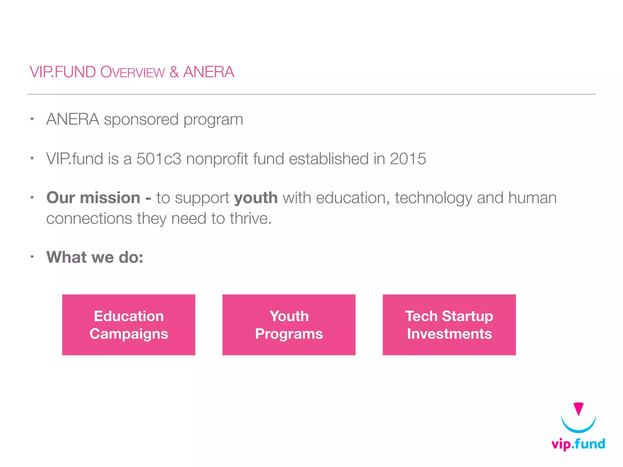 VIP.FUND OVERVIEW & ANERA
• ANERA sponsored program
• VIP.fund is a 501c3 nonproﬁt fund established in 2015
• Our mission - to support youth with education, technology and human
connections they need to thrive.
• What we do:
Education
Campaigns
Youth
Programs
Tech Startup
Investments
 