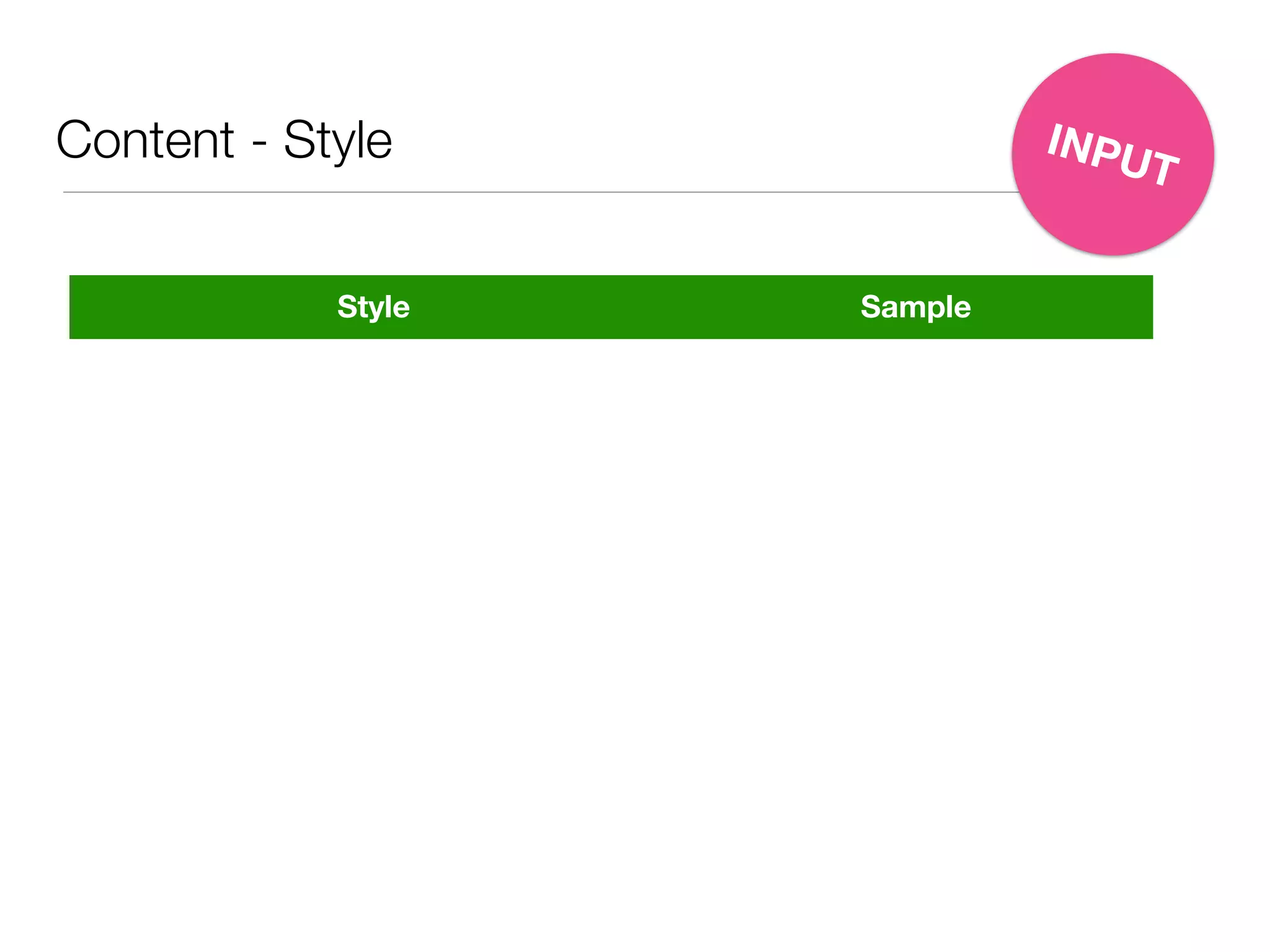 Content - Style
Style Sample
INPUT
 