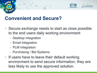 Convenient and Secure?
• Secure exchange needs to start as close possible
to the end users daily working environment
» Desktop Integration
» Email Integration
» PLM Integration
» Purchasing / Bid Systems
• If users have to leave their default working
environment to send secure information, they are
less likely to use the approved solution.
 