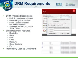 • DRM Protected Documents
» Limit Access to named users
» Revoke Rights in the field
» Force Updates to Latest
Document Versions
» Authentic via PKI, AD, LDAP,
RSA, Others
• Limit Document Features
» Read Only
» Save
» Print
» Copy
» Measure
» Cross Sections
» Etc
• Traceability Logs by Document
DRM Requirements
 