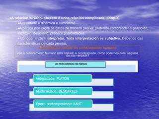 A relación suxeito–obxecto é unha relación complicada, porque:
A realidade é dinámica e cambiante.
A persoa non capta os datos de manera pasiva: pretende comprender o percibido,
explicalo, describilo, predecir posibilidades.
 Conocer implica interpretar. Toda interpretación es subjetiva. Depende das
características de cada persoa.
O problema central do coñecemento humano
Se o coñecemento humano está limitado e condicionado, cómo podemos estar seguros
da súa verdade?
Antiguidade: PLATÓN
Modernidade: DESCARTES
Época contemporánea: KANT
 