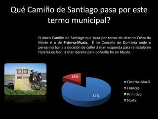 Qué Camiño de Santiago pasa por este
         termo municipal?
       O único Camiño de Santiago que pasa por terras do destino Costa da
       Morte é o de Fisterra-Muxía. É no Concello de Dumbría onde o
       peregrino toma a decisión de coller á man esquerda para rematalo en
       Fisterra ou ben, á man dereita para poñerlle fin en Muxía.




                          16%
                                                           Fisterra-Muxía
                                                           Francés
                                       84%                 Primitivo
                                                           Norte
 