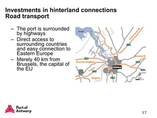 Investments in hinterland connections Road transport The port is surrounded by highways Direct access to surrounding countries and easy connection to Eastern Europe Merely 40 km from Brussels, the capital of the EU 