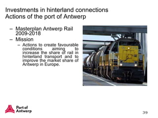 Masterplan Antwerp Rail 2009-2018  Mission Actions to create favourable conditions aiming to increase the share of rail in hinterland transport and to improve the market share of Antwerp in Europe. Investments in hinterland connections Actions of the port of Antwerp 