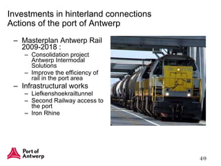 Masterplan Antwerp Rail 2009-2018 : Consolidation project Antwerp Intermodal Solutions  Improve the efficiency of rail in the port area Infrastructural works Liefkenshoekrailtunnel Second Railway access to the port Iron Rhine Investments in hinterland connections Actions of the port of Antwerp 