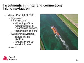 Master Plan 2009-2018 Improved infrastructure Widening of the Albert canal and heightening bridges Renovation of locks Supporting systems: Barge Traffic System Consolidation of small volumes etc. Investments in hinterland connections Inland navigation 