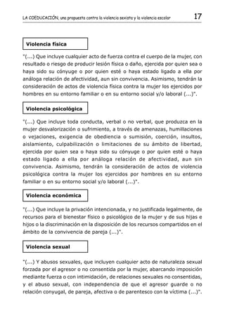 LA COEDUCACIÓN, una propuesta contra la violencia sexista y la violencia escolar   17


 Violencia física

"(...) Que incluye cualquier acto de fuerza contra el cuerpo de la mujer, con
resultado o riesgo de producir lesión física o daño, ejercida por quien sea o
haya sido su cónyuge o por quien esté o haya estado ligado a ella por
análoga relación de afectividad, aun sin convivencia. Asimismo, tendrán la
consideración de actos de violencia física contra la mujer los ejercidos por
hombres en su entorno familiar o en su entorno social y/o laboral (...)".


 Violencia psicológica

"(...) Que incluye toda conducta, verbal o no verbal, que produzca en la
mujer desvalorización o sufrimiento, a través de amenazas, humillaciones
o vejaciones, exigencia de obediencia o sumisión, coerción, insultos,
aislamiento, culpabilización o limitaciones de su ámbito de libertad,
ejercida por quien sea o haya sido su cónyuge o por quien esté o haya
estado ligado a ella por análoga relación de afectividad, aun sin
convivencia. Asimismo, tendrán la consideración de actos de violencia
psicológica contra la mujer los ejercidos por hombres en su entorno
familiar o en su entorno social y/o laboral (...)".

 Violencia económica

"(...) Que incluye la privación intencionada, y no justificada legalmente, de
recursos para el bienestar físico o psicológico de la mujer y de sus hijas e
hijos o la discriminación en la disposición de los recursos compartidos en el
ámbito de la convivencia de pareja (...)".


 Violencia sexual


"(...) Y abusos sexuales, que incluyen cualquier acto de naturaleza sexual
forzada por el agresor o no consentida por la mujer, abarcando imposición
mediante fuerza o con intimidación, de relaciones sexuales no consentidas,
y el abuso sexual, con independencia de que el agresor guarde o no
relación conyugal, de pareja, afectiva o de parentesco con la víctima (...)".
 