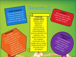 Androcentrismo Visión del mundo en términos masculinos, reconstrucción del universo desde una perspectiva masculina Sexismo Discriminación de personas de un sexo por considerarlo inferior al otro Currículo coeducativo Deben estar presentes objetivos, contenidos y orientaciones metodológicas que incorporen los saberes y las expectativas de las mujeres evitando así el riesgo de un sesgo androcéntrico en las prácticas escolares Violencia de género Comportamiento que provoca daños corporales y mentales a la víctima en ambos sexos Estereotipo Imagen  convencional sobre objetos, personas y grupos sociales que construye un universo de significados eficaces en el aprendizaje de modos de ver y entender el mundo 