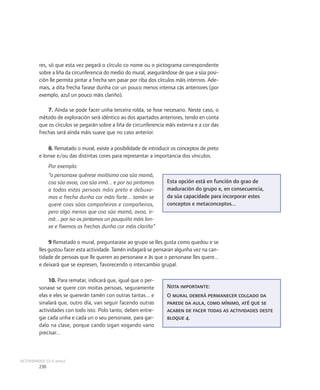 res, só que esta vez pegará o círculo co nome ou o pictograma correspondente
         sobre a liña da circunferencia do medio do mural, asegurándose de que a súa posi-
         ción lle permita pintar a frecha sen pasar por riba dos círculos máis internos. Ade-
         mais, a dita frecha farase dunha cor un pouco menos intensa cás anteriores (por
         exemplo, azul un pouco máis clariño).

             7. Aínda se pode facer unha terceira rolda, se fose necesario. Neste caso, o
         método de exploración será idéntico ao dos apartados anteriores, tendo en conta
         que os círculos se pegarán sobre a liña de circunferencia máis externa e a cor das
         frechas será aínda máis suave que no caso anterior.

             8. Rematado o mural, existe a posibilidade de introducir os conceptos de preto
         e lonxe e/ou das distintas cores para representar a importancia dos vínculos.
               Por exemplo:
               “o personaxe quérese moitísimo coa súa mamá,
               coa súa avoa, coa súa irmá... e por iso pintamos     Esta opción está en función do grao de
               a todas estas persoas máis preto e debuxa-           maduración do grupo e, en consecuencia,
               mos a frecha dunha cor máis forte... tamén se        da súa capacidade para incorporar estes
               quere coas súas compañeiras e compañeiros,           conceptos e metaconceptos...
               pero algo menos que coa súa mamá, avoa, ir-
               má... por iso os pintamos un pouquiño máis lon-
               xe e fixemos as frechas dunha cor máis clariña”

              9 Rematado o mural, preguntarase ao grupo se lles gusta como quedou e se
         lles gustou facer esta actividade. Tamén indagará se pensaran algunha vez na can-
         tidade de persoas que lle queren ao personaxe e ás que o personaxe lles quere...
         e deixará que se expresen, favorecendo o intercambio grupal.

              10. Para rematar, indicará que, igual que o per-
         sonaxe se quere con moitas persoas, seguramente            Nota importante:
         elas e eles se quererán tamén con outras tantas... e       O mural deberá permanecer colgado da
         sinalará que, outro día, van seguir facendo outras         parede da aula, como mínimo, até que se
         actividades con todo isto. Polo tanto, deben entre-        acaben de facer todas as actividades deste
         gar cada unha e cada un o seu personaxe, para gar-         bloque 4.
         dalo na clase, porque cando sigan xogando vano
         precisar...



ACTIVIDADES (3-5 anos)
         230
 