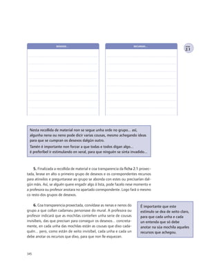DESEXOS…                                           RECURSOS…                        FICHA

                                                                                                       2.1




 Nesta recollida de material non se segue unha orde no grupo... así,
 algunha nena ou neno pode dicir varias cousas, mesmo achegando ideas
 para que se cumpran os desexos dalgún outro.
 Tamén é importante non forzar a que todas e todos digan algo...
 é preferíbel ir estimulando en xeral, para que ninguén se sinta invadido...



    5. Finalizada a recollida de material e coa transparencia da ficha 2.1 proxec-
tada, lerase en alto o primeiro grupo de desexos e os correspondentes recursos
para atinxilos e preguntarase ao grupo se abonda con estes ou precisarían dal-
gún máis. Así, se alguén quere engadir algo á lista, pode facelo nese momento e
a profesora ou profesor anotara no apartado correspondente. Logo fará o mesmo
co resto dos grupos de desexos.

     6. Coa transparencia proxectada, convídase as nenas e nenos do        É importante que este
grupo a que collan cadanseu personaxe do mural. A profesora ou             estímulo se dea de xeito claro,
profesor indicará que as mochilas conteñen unha serie de cousas            para que cada unha e cada
invisíbeis, das que precisan para conseguir os desexos... concreta-        un entenda que só debe
mente, en cada unha das mochilas están as cousas que dixo cada-            anotar na súa mochila aqueles
quén... pero, como están de xeito invisíbel, cada unha e cada un           recursos que achegou.
debe anotar os recursos que dixo, para que non lle esquezan.



345
 