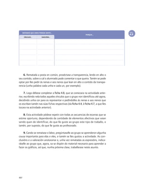 FICHA
      NOTAMOS QUE UNHA PERSOA SENTE...
                                                                PORQUE...              4.9
       VÍNCULOS...        EMOCIÓNS...




    6. Rematada a posta en común, proxéctase a transparencia, lendo en alto o
seu contido, sobre o cal o alumnado pode comentar o que queira. Tamén se pode
optar por lles pedir ás nenas e aos nenos que lean en alto o contido da transpa-
rencia (unha palabra cada unha e cada un, por exemplo).

      7. Logo débese completar a ficha 4.8, que se comezara na actividade ante-
rior, escribindo nela todos aqueles vínculos que o grupo non identificou até agora,
decidindo unha cor para os representar e pedíndolles ás nenas e aos nenos que
os escriban tamén nas súas fichas respectivas (da ficha 4.4, á ficha 4.7, a que lles
tocara na actividade anterior).

    8. Esta actividade pódese repetir con todas as secuencias de escenas que se
estime oportuno, dependendo da cantidade de elementos afectivos que vaian
sendo quen de identificar, do que lle guste ao grupo este tipo de traballo, e
tamén, por suposto, do que lle guste ao profesorado.

     9. Cando se rematase o labor, pregúntaselle ao grupo se aprenderon algunha
cousa importante para elas e eles, e tamén se lles gustou a actividade. As con-
clusións e a valoración anotaranse e, unha vez rematadas as expresións, indica-
ráselle ao grupo que, agora, xa se dispón do material necesario para aprender a
facer os gráficos, así que, nunha próxima clase, traballarase neste asunto.




497
 