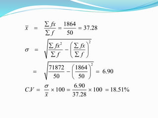 22
2
1864
37.28
50
71872 1864
6.90
50 50
6.90
. 100 100 18.51%
37.28
fx
x
f
fx fx
f f
CV
x



  

  
   
  
 
   
 
    
 
