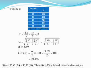 For city B City (B)
x
x2
10 100
20 400
18 324
12 144
15 225
75x  1931x2

2 22
75
15
5
1931 75
5 5
x
x
n
x x
n n


  
    
      
   
3.69
3.69
. .( ) 100 100
15
24.6%
C V B
x



   

Since C.V (A) < C.V (B). Therefore City A had more stable prices.
 